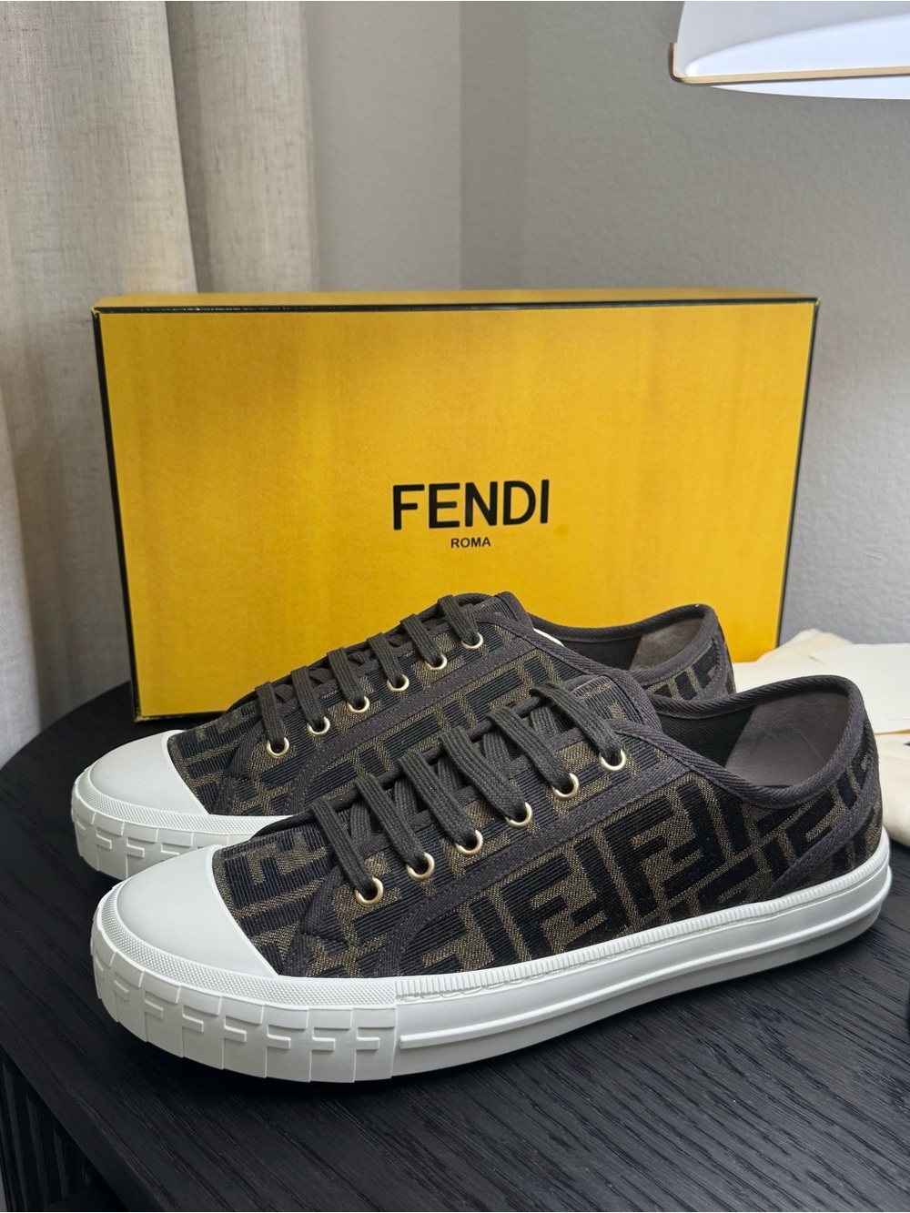 Fendi Mens’s Domino Sneakers Jacquard FF Logo Brown 12